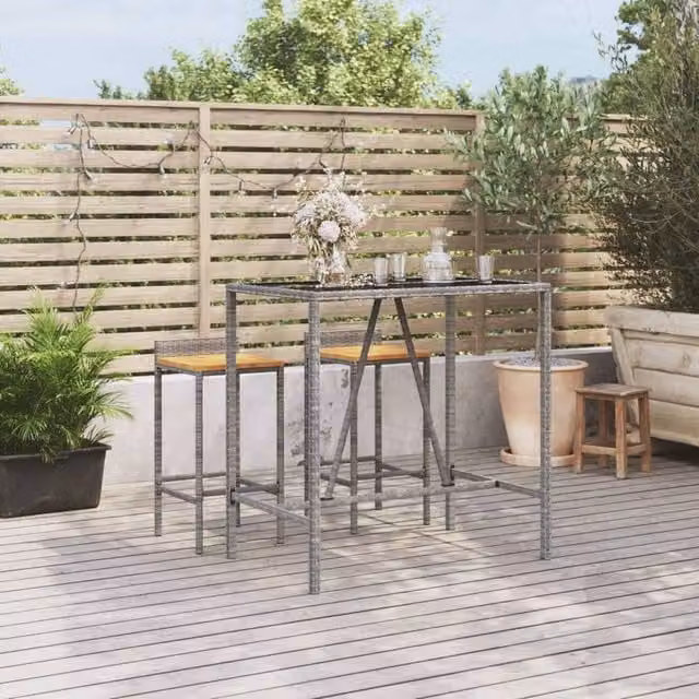 Berkfield Home Grey Poly Rattan Bar Table with Glass Top, W/D/H: 110 x 70 x 110 cm