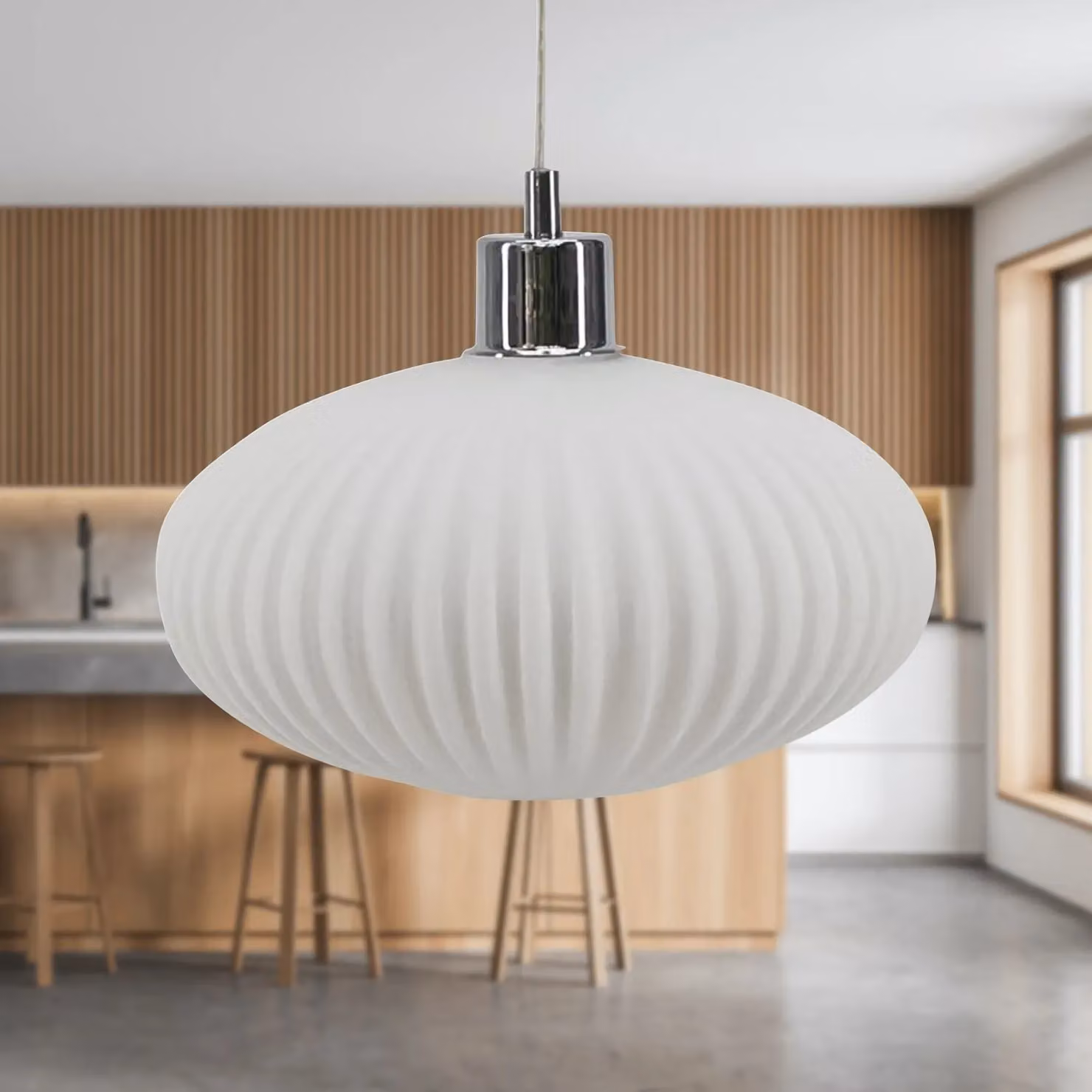 First Choice Lighting Set of 2 Baton Suspended Pendant Lights with White Ribbed Oval Glass and Chrome Fittings – 2