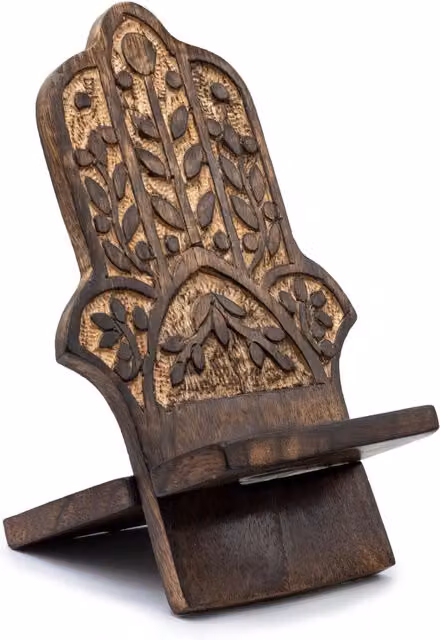 KDMK Hand Carved Mango Wood Hamsa Phone Stand in Brown