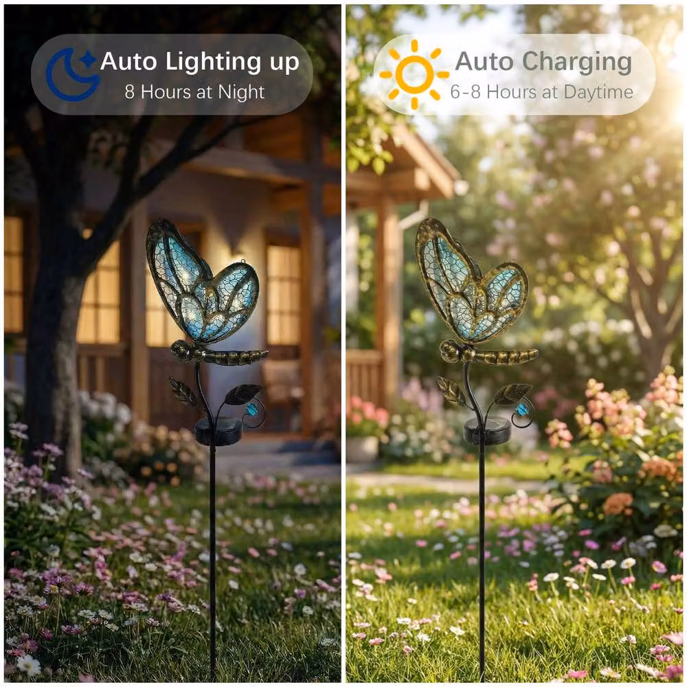 Bright Zeal Blue Solar Glass Butterfly LED Garden Stake Light – 4