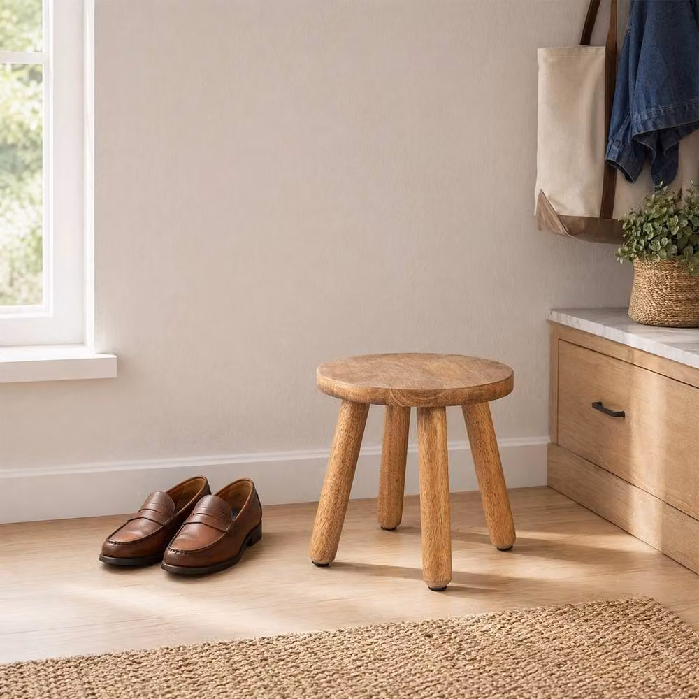 VOGREX Brown Solid Hardwood Round Shoe Bench with Compact Cylindrical Seat – 3