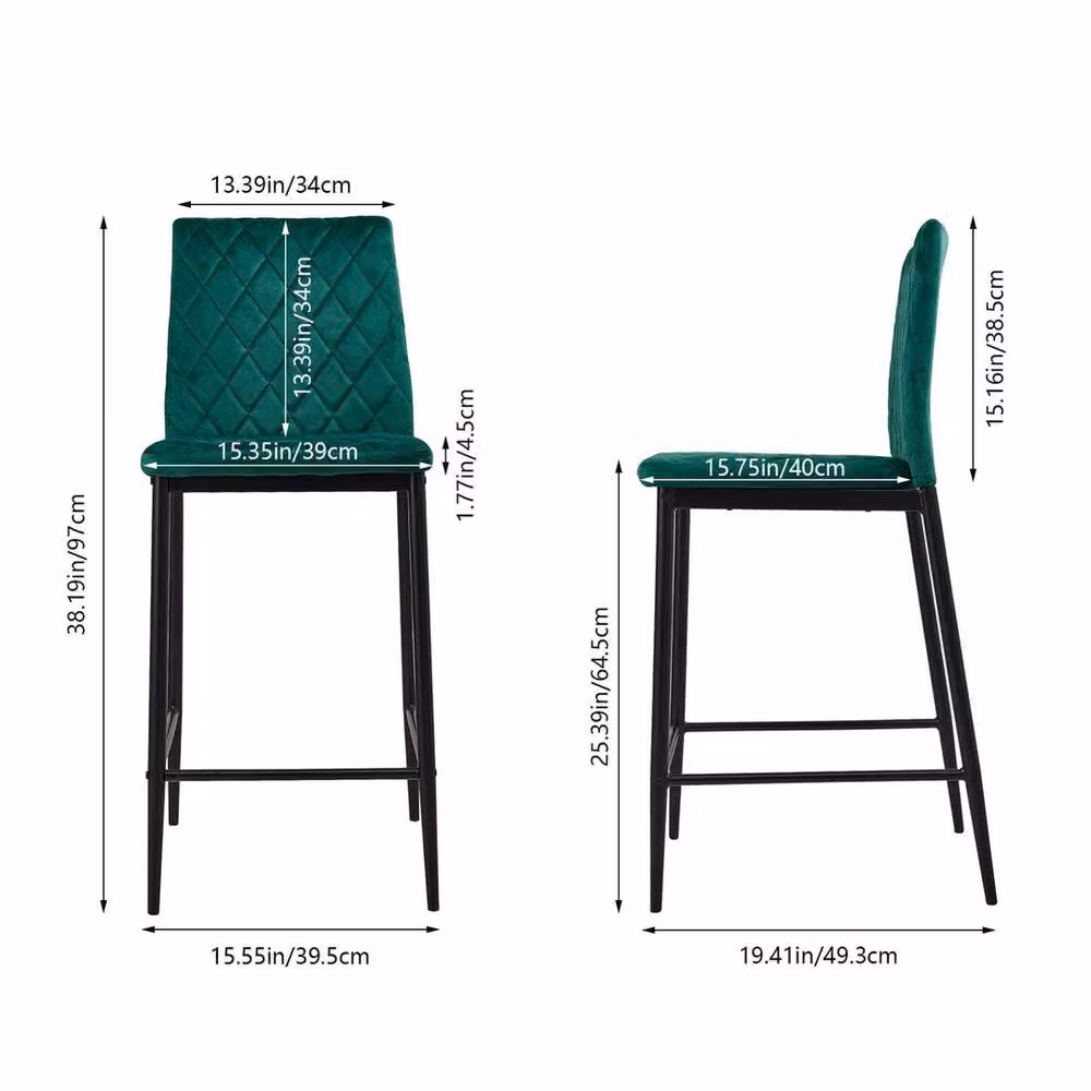 KORVIXA Green Velvet Bar Chair Set with Modern Metal Upholstered Frame – 2