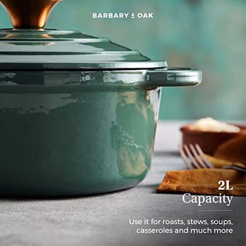 Barbary & Oak Enamelled Cast Iron Round Casserole Pan, Green, 20cm – 9