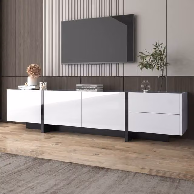 BTM High-Gloss Modern TV Stand in White, Black and Multicolour with Doors and Drawers, W/D/H: 190.0 x 45.0 x 41.05 cm – 1