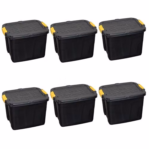 Samuel Alexander 6 Pack of 42L Heavy Duty Lockable and Stackable Plastic Storage Tubs with Clips in Black