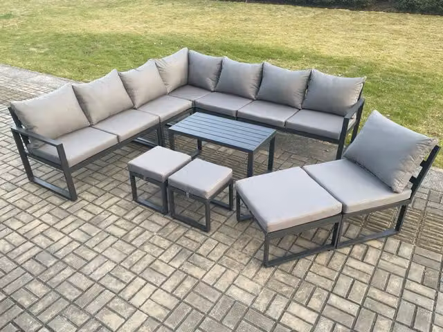 Fimous 11 Seater Aluminium L-Shape Garden Furniture Set in Dark Grey with Coffee Table and 3 Ottomans