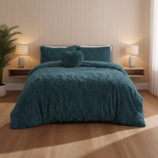 Snug City Super Fluffy Duvet Cover and Pillowcase Set in Petrol, King Size, W/D/H: 180 x 200 cm