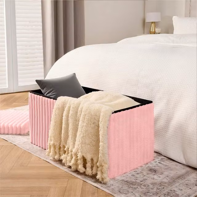 Groundlevel Pink Faux Fur Ribbed Rectangular Ottoman Storage