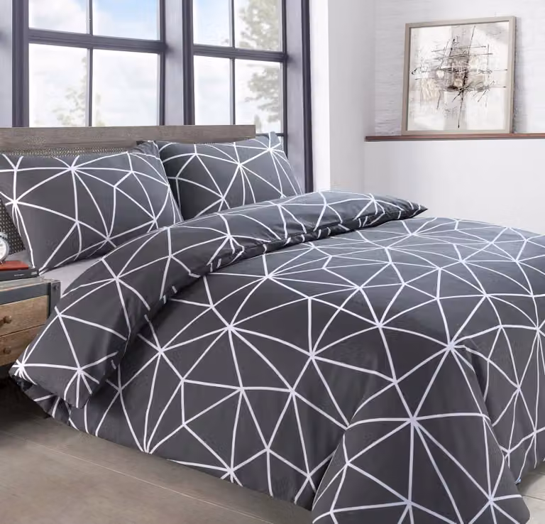Velosso Saxton Grey Printed Cotton Rich Single Duvet Cover and Pillowcase Set, W: 135 cm, L: 200 cm