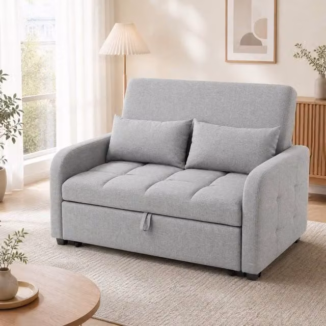 STILVORA Grey Fabric Click Clack Sofa Bed with Adjustable Headrest and Scatter Cushions – 1