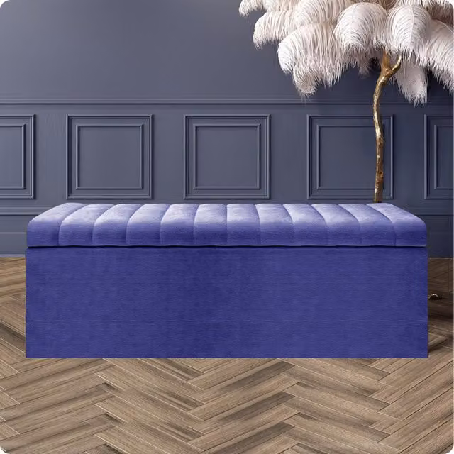 R&M Furnishers Safar Naples Blue Ottoman Storage Box with Silver Striped Velvet Upholstery