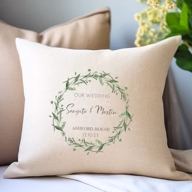 Aye Do Gifts Personalised Green Floral Wedding Cushion in Cream and Beige, W/D/H: 40 x 40 x 40 cm – 1