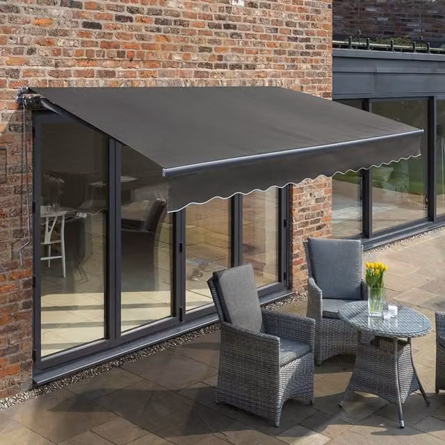Primrose Retractable Aluminium Awning with Grey Polyester Fabric, W: 350 cm, D: 250 cm, Wall-Mounted Manual Folding Arm Design