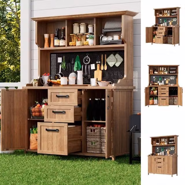 Rolipo Solid Fir Wood Garden Storage Cabinet with Drawers in Brown – 1