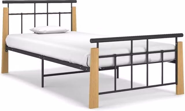 Berkfield Home Industrial Bed Frame in Black Metal and Solid Oak Wood, W/D/H: 90 x 200 cm