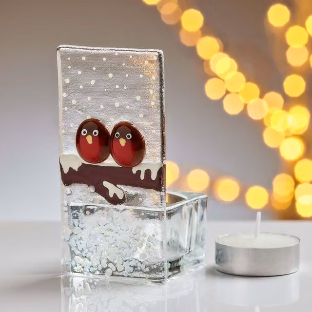 Sienna Glass Handmade Fused Glass Christmas Robin Tea Light Holder in Red