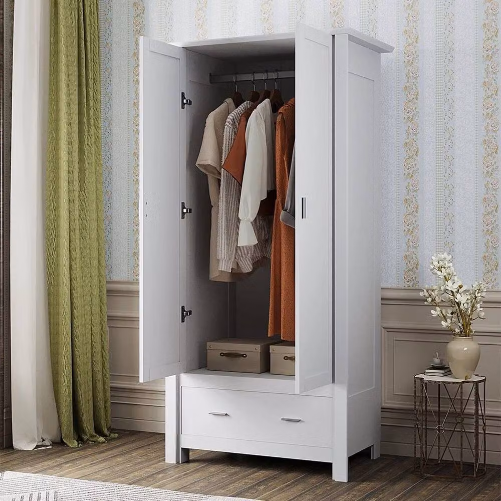 KORVIXA Modern White Wooden 2 Door Wardrobe with Integrated Drawers, H 160 x W 100 x D 100 cm – 2