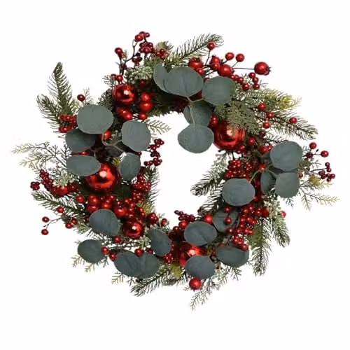 The Christmas Workshop Round Artificial Christmas Wreath with Snowberries, Red Baubles, Holly and Eucalyptus, Diameter: 45 cm – 1
