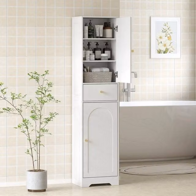 EONLION Modern Freestanding Tall Bathroom Storage Cabinet with Arch Hinged Doors and Internal Shelves in White and Gold Matt