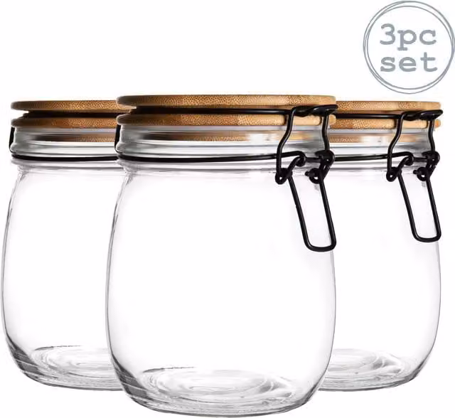 Argon Tableware Set of 3 Transparent Glass Storage Jars with Wooden Clip Lids, 0.75 l each