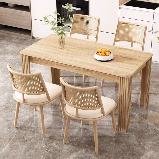 Merax Set of 4 Mid-Century Faux Rattan Dining Chairs with PU Leather Cushions in Beige – 1