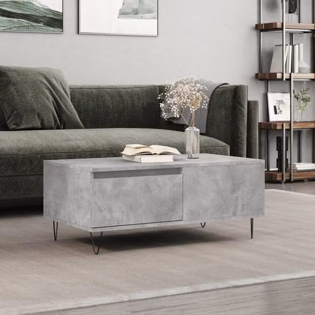 Berkfield Home Modern Rectangular Coffee Table in Grey Composite and Metal, W/D/H: 90 x 50 x 36.5 cm