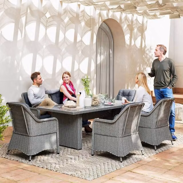 OUTSUNNY 6 Seater Rattan Dining Set with Glass Top Table and Cushions in Grey – 1