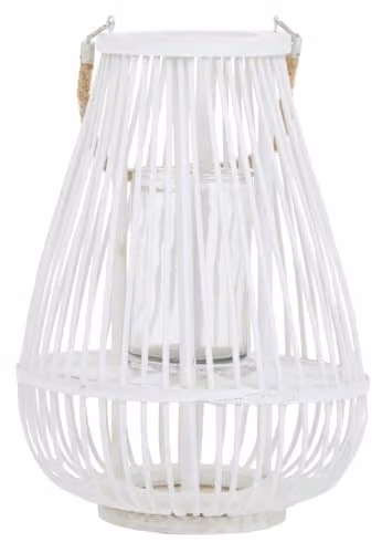 Premier Housewares Small White Bamboo Lantern with Glass Candle Holder and Natural Rope Handle, W/D/H: 28 x 28 x 38 cm