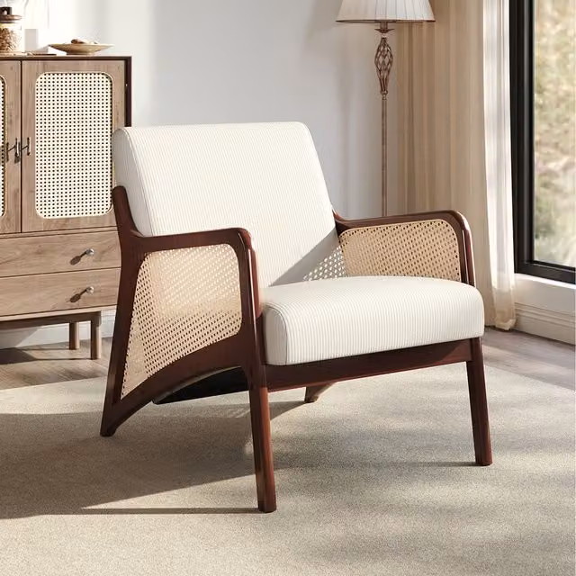 Komore Retro Corduroy Fabric Armchair with Solid Rubberwood Frame in Beige and Brown