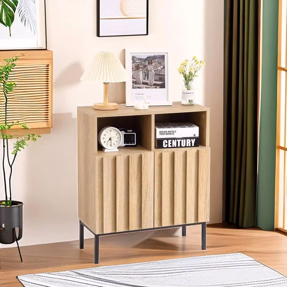 Havendro Brown Sideboard Buffet Cabinet with Door and Shelf, Modern Geometric Wood and Metal Storage Accent Table – 3
