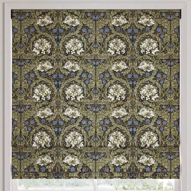 William Morris At Home African Marigold Floral Velvet Made to Measure Roman Blind in Cornflower Blue and Green