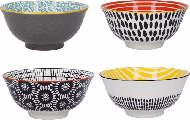 KitchenCraft Ceramic Cereal Bowl Set in Black, White and Multicolour, Diameter: 15 cm, 4 Pieces