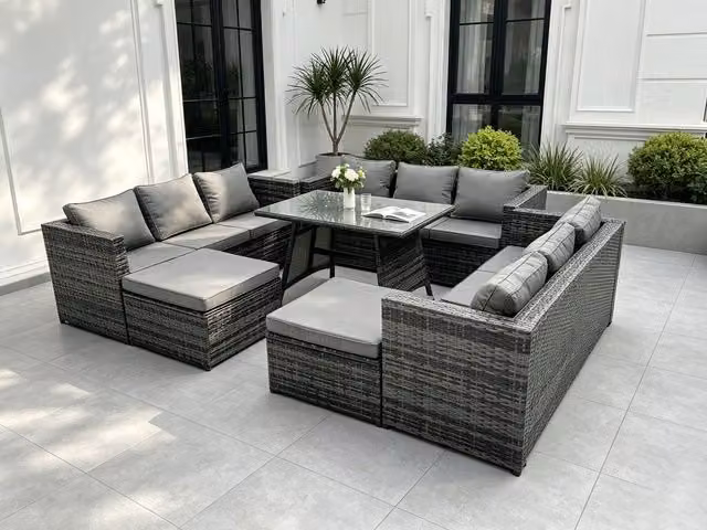 Fimous 11 Seater Dark Grey PE Rattan Outdoor Lounge and Dining Set with Table and Footstools