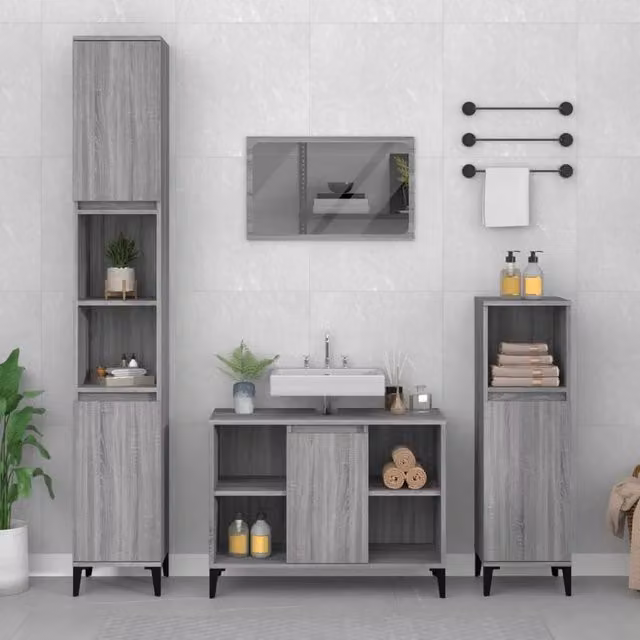 Berkfield Home Modern 3 Piece Grey Bathroom Furniture Set with Tall Cabinet and Hinged Doors