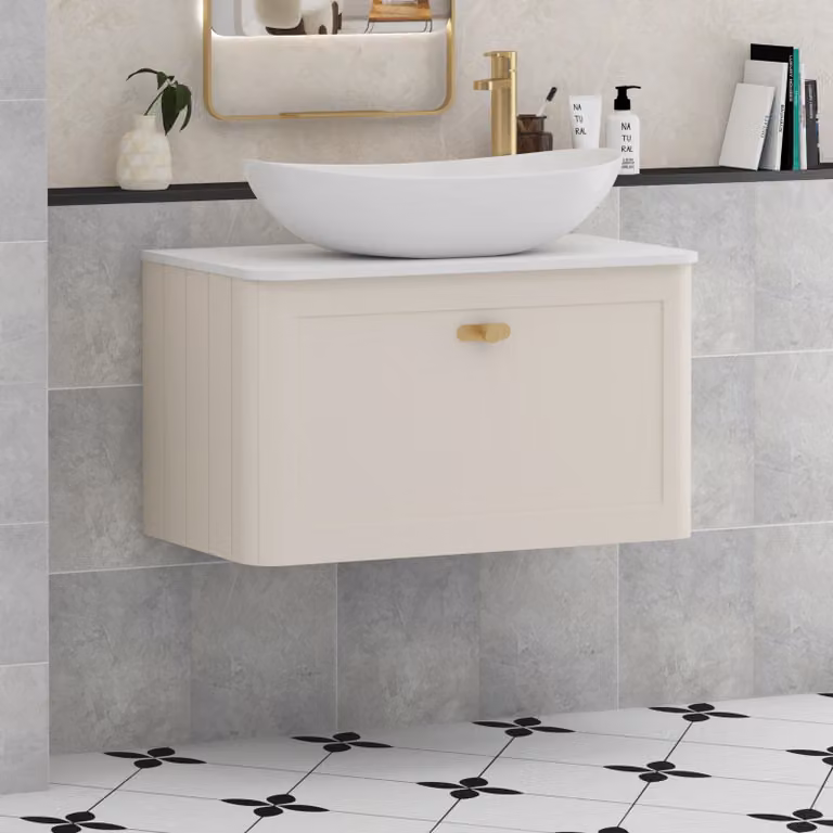 Royal Bathrooms Henley 800mm Wall Hung Vanity Unit in Mushroom Cashmere with Plain White Worktop, Cesar Basin and Brushed Brass Knob