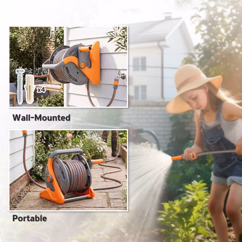 OUTSUNNY Portable Wall Mounted Garden Hose Reel, Orange – 3