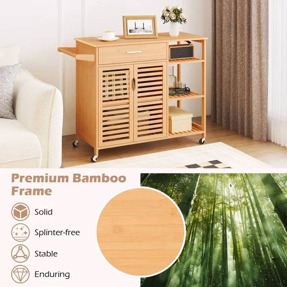 VOGREX Bamboo Rolling Sideboard, 2-Door Wood Storage Cabinet with Castors in Brown and Beige – 3