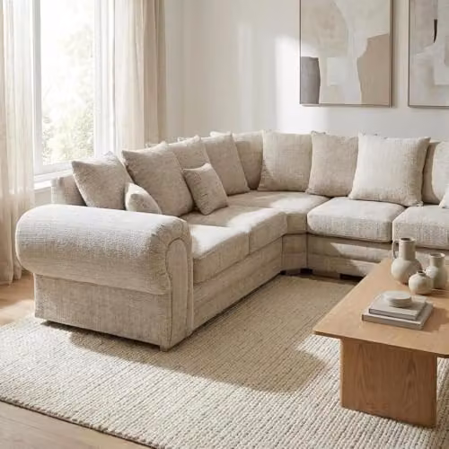 Abakus Direct Verona Chenille L-Shaped Corner Sofa in Beige with Foam-Filled Seats and Fibre Back Cushions – 2