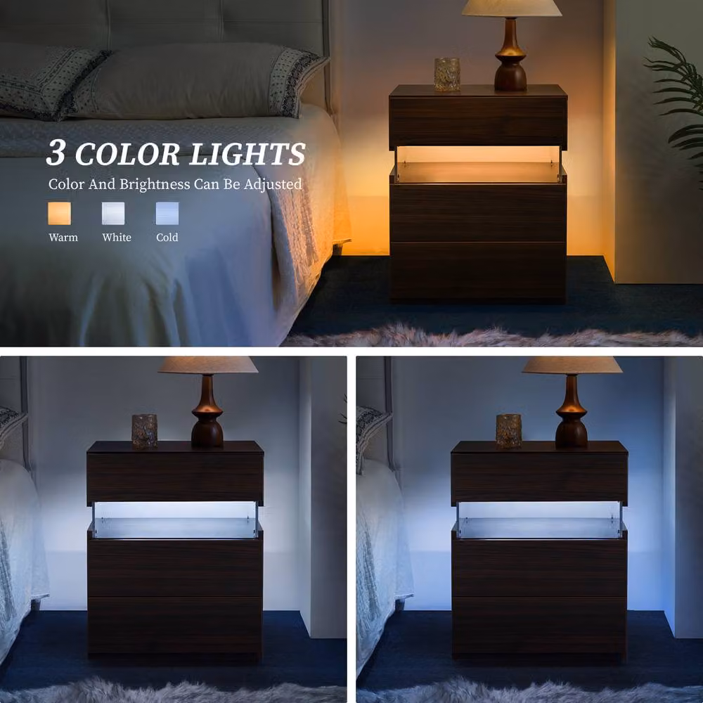Direct Wicker Walnut Bedside Table with 3 Drawers, Acrylic Board and Integrated LED Lighting – 3