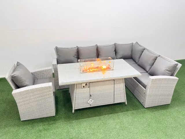 Fimous 7 Seat Rattan Garden Furniture Corner Sofa Set with Gas Firepit Table in Light Grey