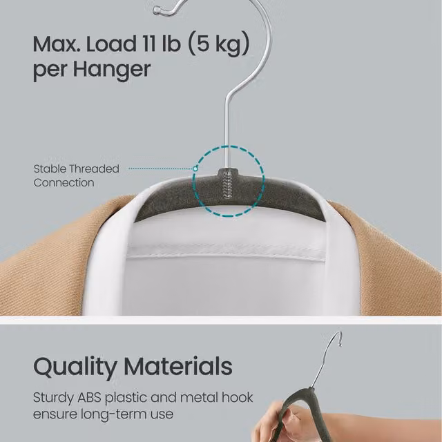 SONGMICS Grey Velvet Non-Slip Space Saving Coat Hangers with Swivel Hook and Contoured Shoulders