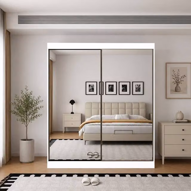 KDMD Chichester White Modern Sliding Door Wardrobe with Full Mirrors W: 200 cm, H: 220 cm, D: 62 cm