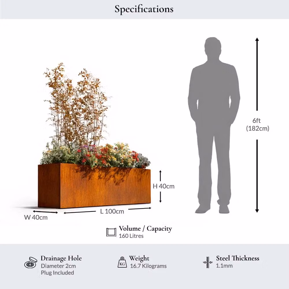 Access Garden Products Corten Steel Trough Planter with Feet, Brown, W: 100 cm, D: 40 cm – 2