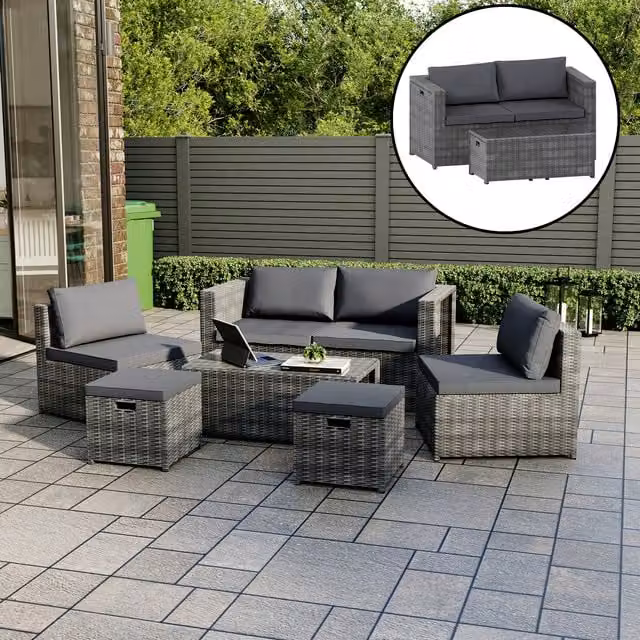 Vida Designs Islay 6 Seater Grey Rattan Garden Furniture Set with Glass Top