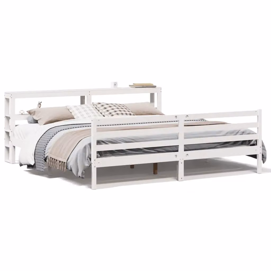 Berkfield Home White Rustic Solid Wood Pine Bed Frame with Side Compartments 200 x 200 cm – 2
