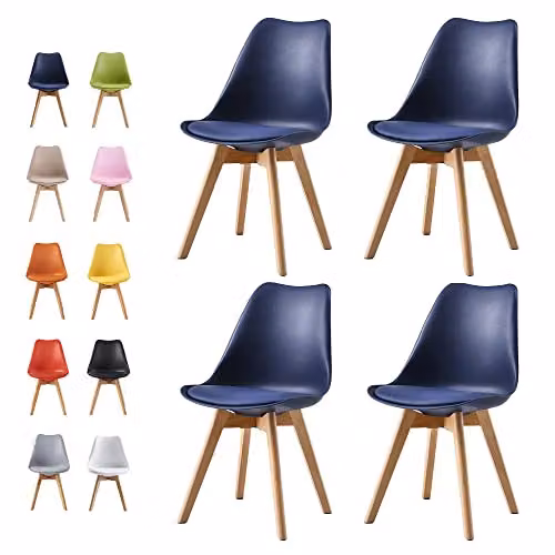 MCC Direct Set of 4 Retro Eva Dining Chairs with Padded Synthetic Leather Seats and Wooden Legs in Blue, W/D/H: 48 x 42 x 82 cm