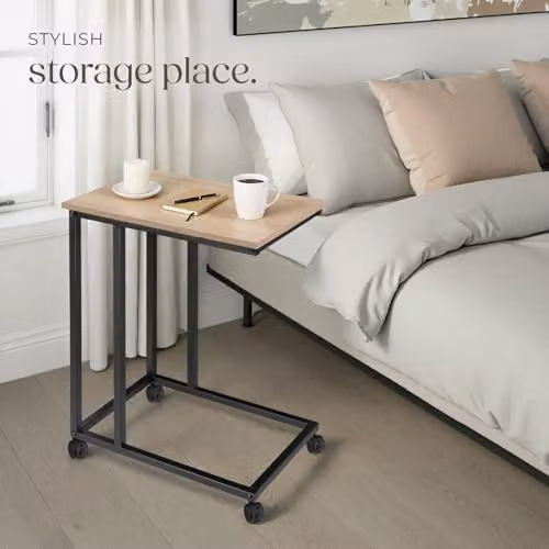 tectake C-Shaped Industrial Side Table with Steel Frame and Swivel Castors, Light Wood and Black, W: 48 cm, D: 35 cm, H: 70 cm – 6