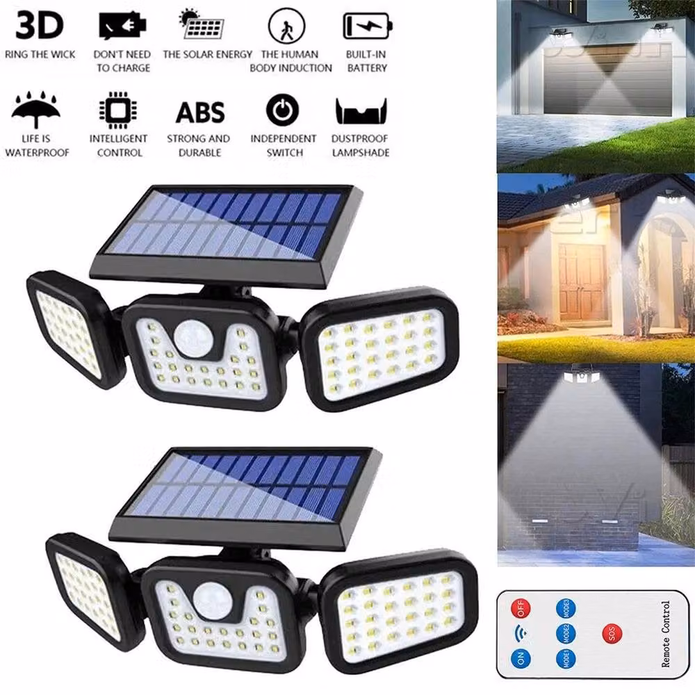 FLAVORA 74 LED 3-Head Solar Security Floodlight with Motion Sensor in Black – 5
