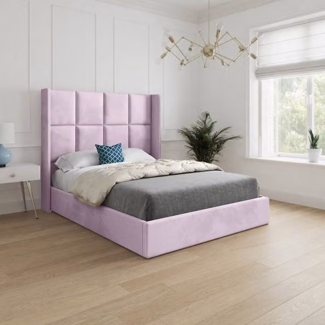 KDMD Sproatley Winged Upholstered Designer Bed Frame in Pink Soft Velvet, W/D/H: 180 x 159 x 137 cm