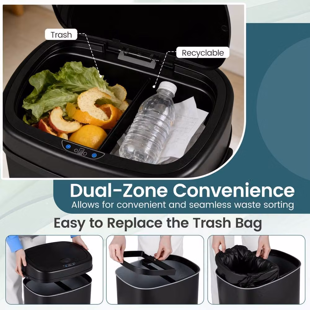 Costway 68L Infrared Motion Sensor Garbage Can with Dual-Zone Design and Soft-Close Lid in Black – 5